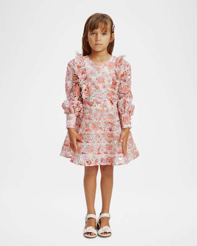 Girl's Odette Floral-Print Embroidered Dress, Size 7-14